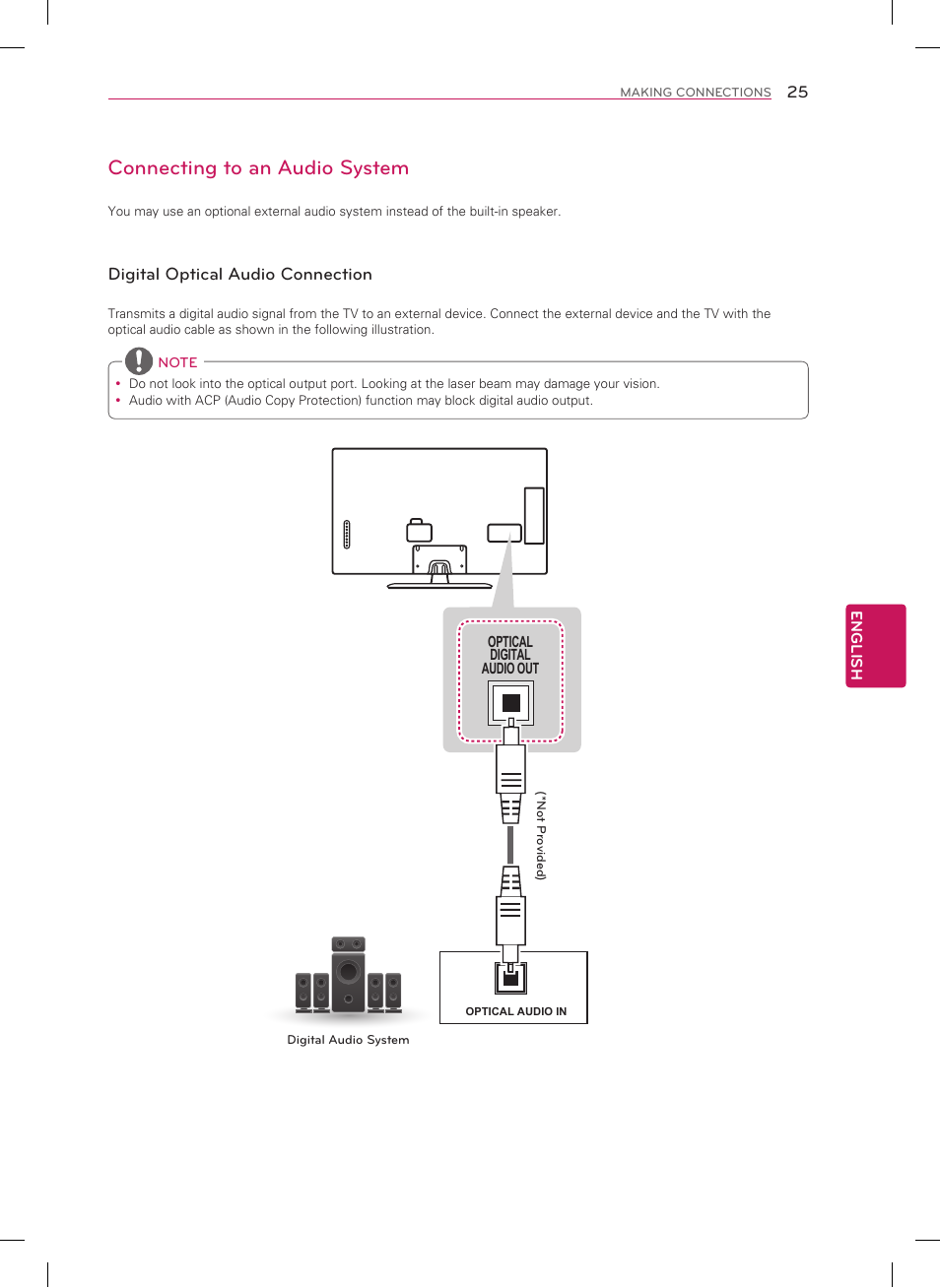 Connecting to an audio system, Digital optical audio connection | LG 50LN5700 User Manual | Page 25 / 52