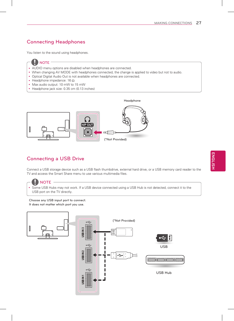 Connecting headphones, Connecting a usb drive | LG 50LN5700 User Manual | Page 27 / 52