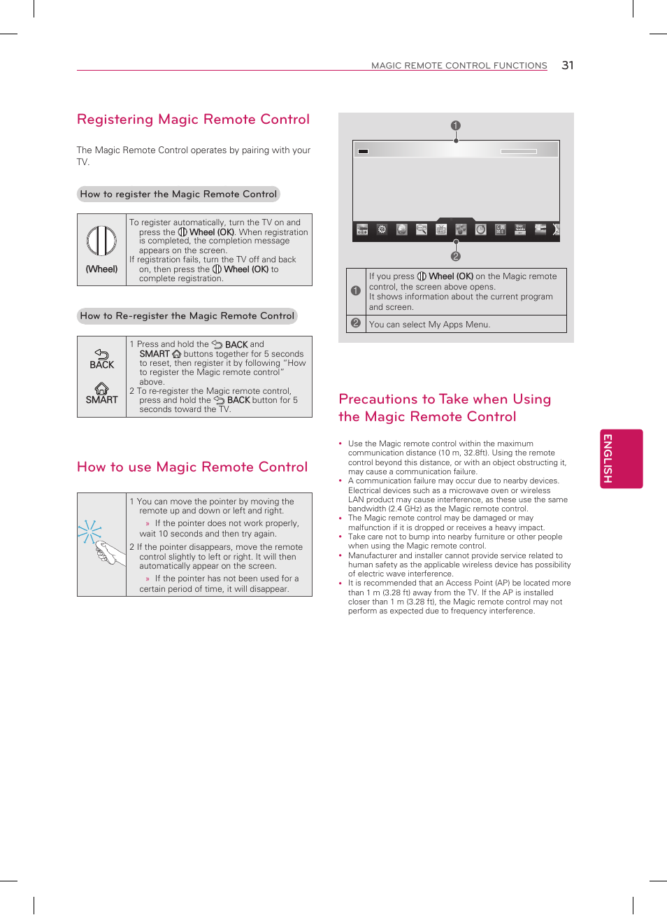 Registering magic remote control, How to use magic remote control, English | LG 50LN5700 User Manual | Page 31 / 52