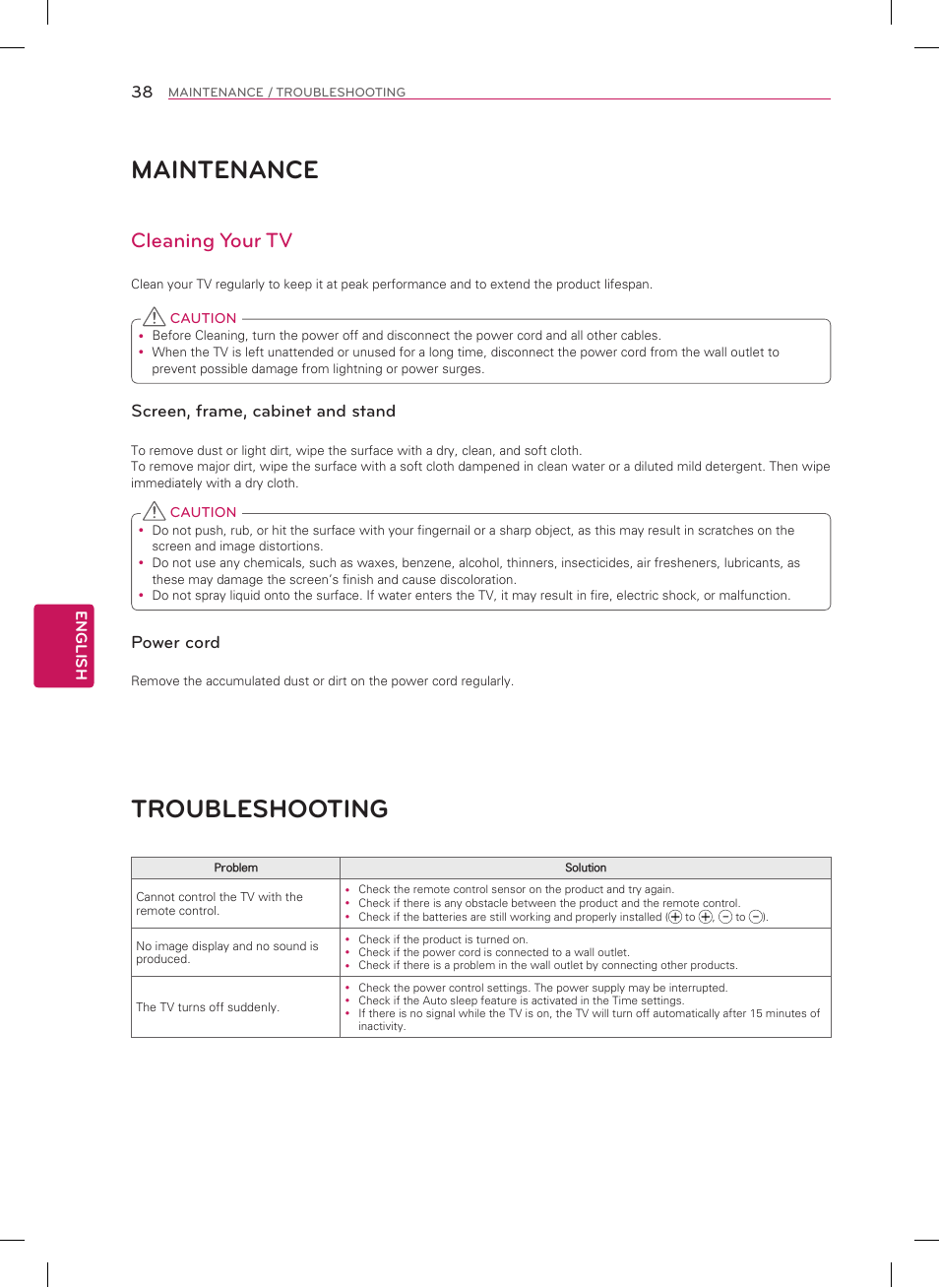 Maintenance, Troubleshooting, Cleaning your tv | Screen, frame, cabinet and stand, Power cord | LG 50LN5700 User Manual | Page 38 / 52