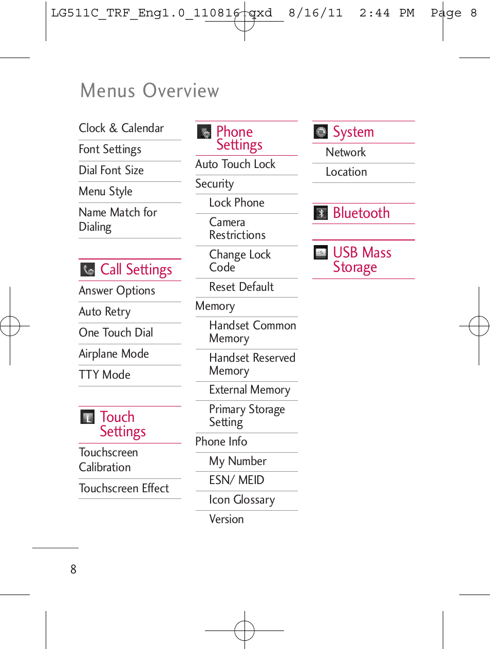 Menus overview, Call settings, Touch settings | Phone settings, System, Bluetooth usb mass storage | LG LG511C User Manual | Page 10 / 240