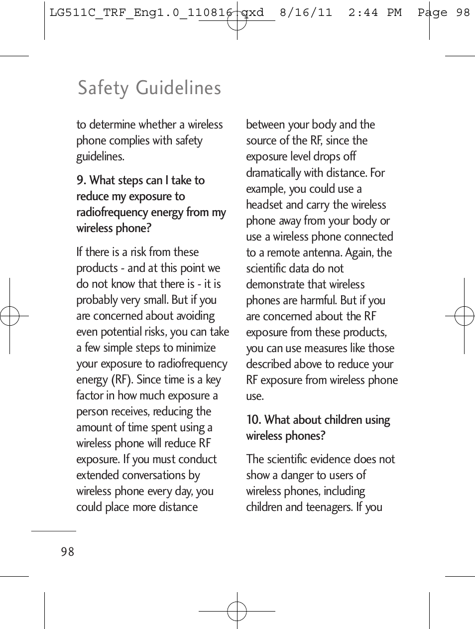 Safety guidelines | LG LG511C User Manual | Page 100 / 240