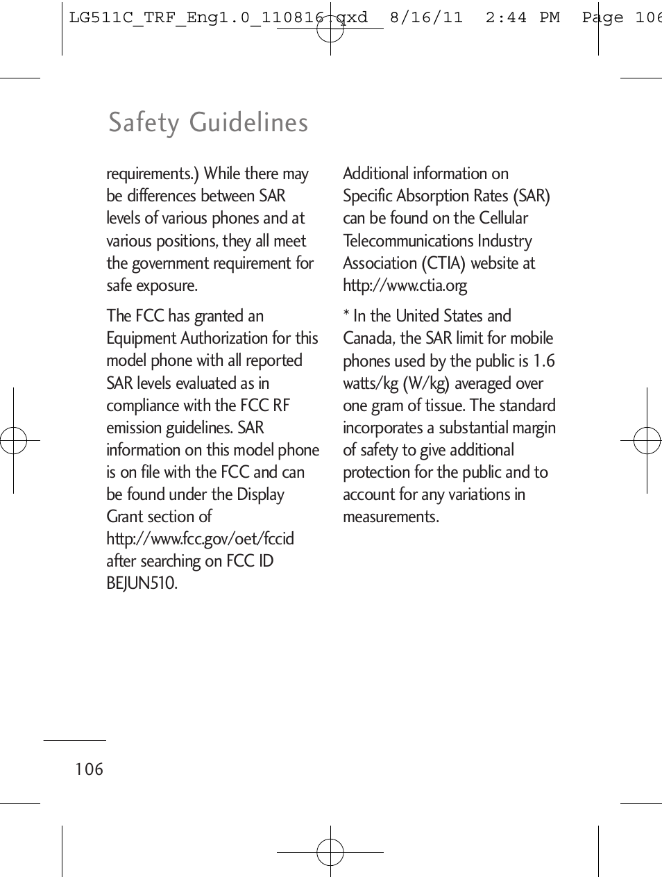 Safety guidelines | LG LG511C User Manual | Page 108 / 240