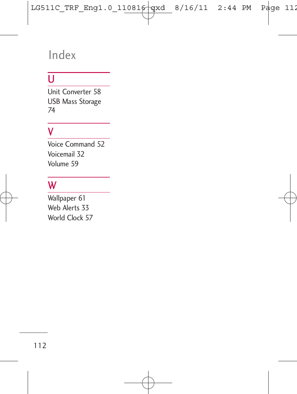 Index | LG LG511C User Manual | Page 114 / 240