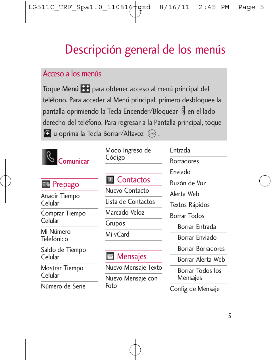 Descripción general de los menús, Prepago, Contactos | Mensajes, Acceso a los menús | LG LG511C User Manual | Page 119 / 240