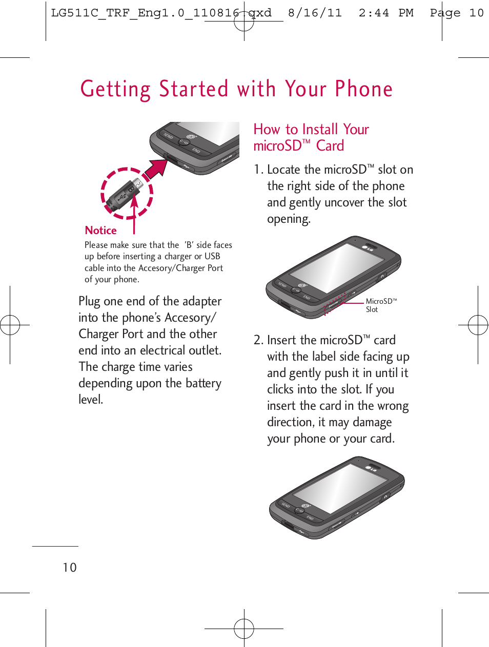 Getting started with your phone, How to install your microsd, Card | LG LG511C User Manual | Page 12 / 240