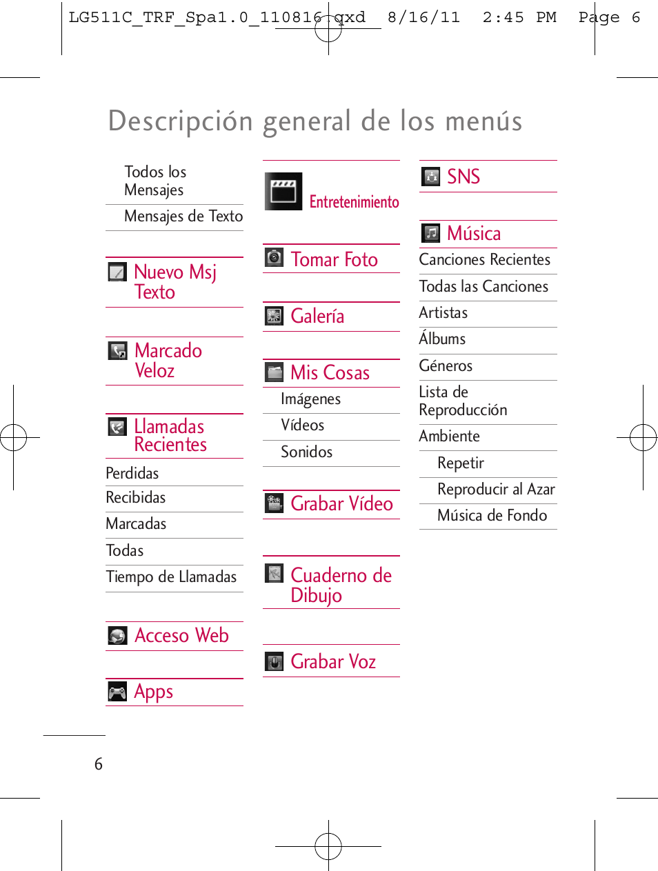 Descripción general de los menús | LG LG511C User Manual | Page 120 / 240