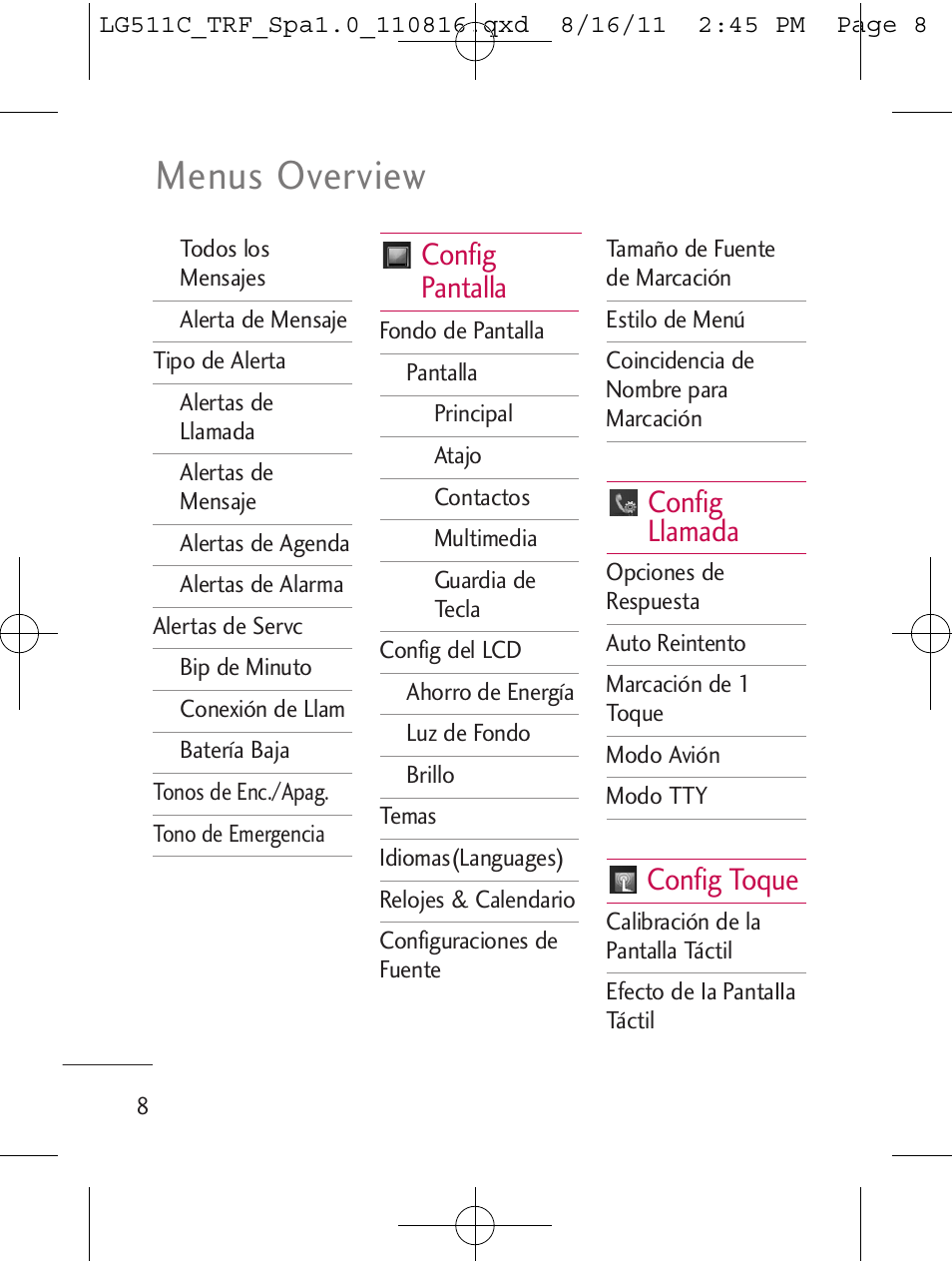 Menus overview, Config pantalla, Config llamada | Config toque | LG LG511C User Manual | Page 122 / 240