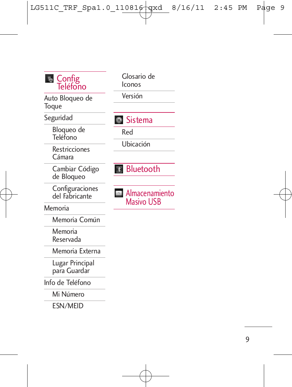 Config teléfono, Sistema, Bluetooth almacenamiento masivo usb | LG LG511C User Manual | Page 123 / 240