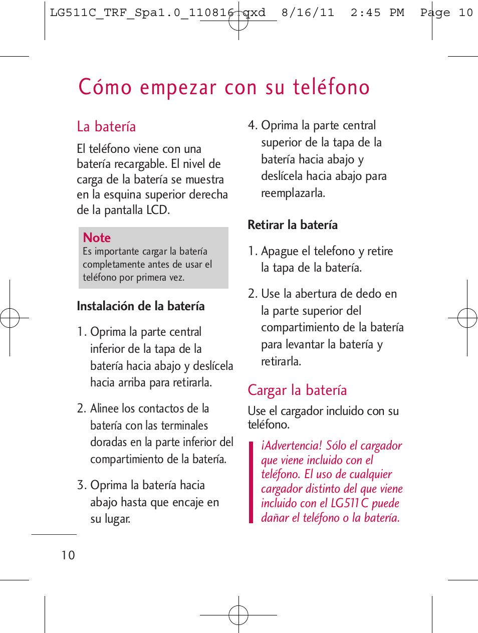 Cómo empezar con su teléfono, La batería, Cargar la batería | LG LG511C User Manual | Page 124 / 240