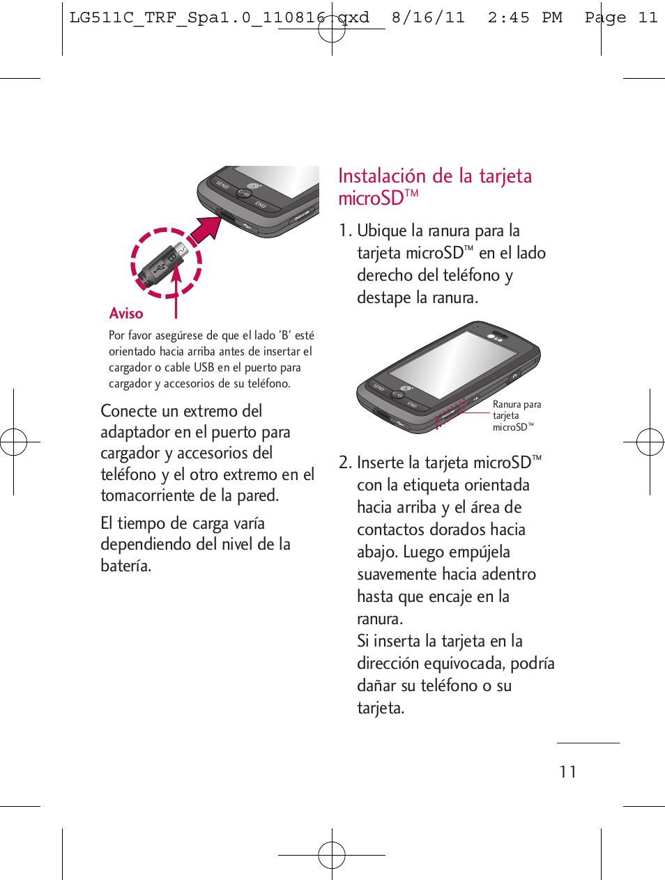 Instalación de la tarjeta microsd, Ubique la ranura para la tarjeta microsd | LG LG511C User Manual | Page 125 / 240