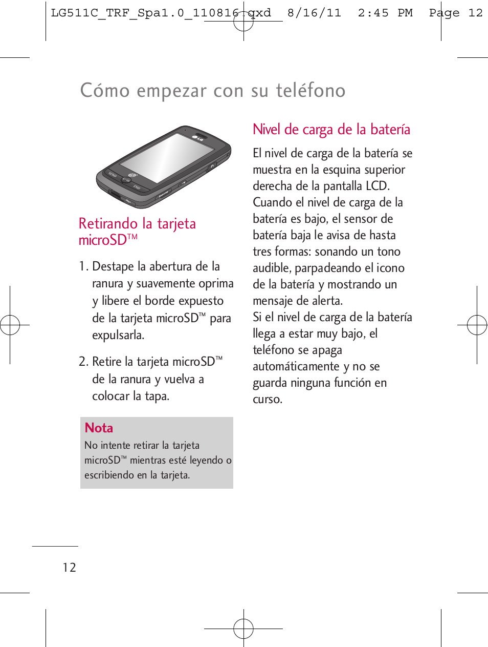 Cómo empezar con su teléfono, Retirando la tarjeta microsd, Nivel de carga de la batería | Nota | LG LG511C User Manual | Page 126 / 240