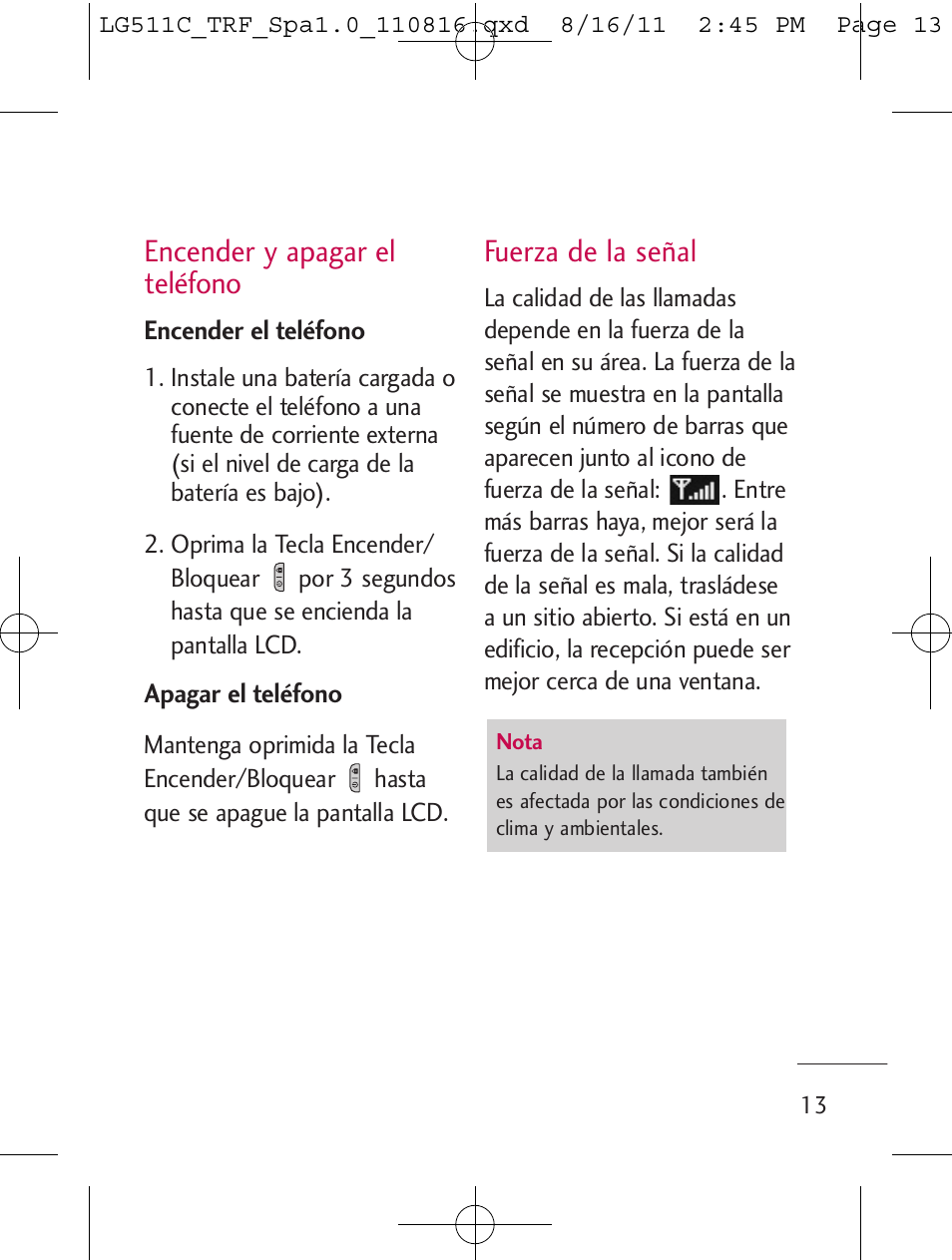 Encender y apagar el teléfono, Fuerza de la señal | LG LG511C User Manual | Page 127 / 240