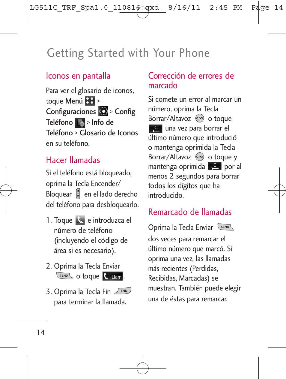Getting started with your phone, Iconos en pantalla, Hacer llamadas | Corrección de errores de marcado, Remarcado de llamadas | LG LG511C User Manual | Page 128 / 240