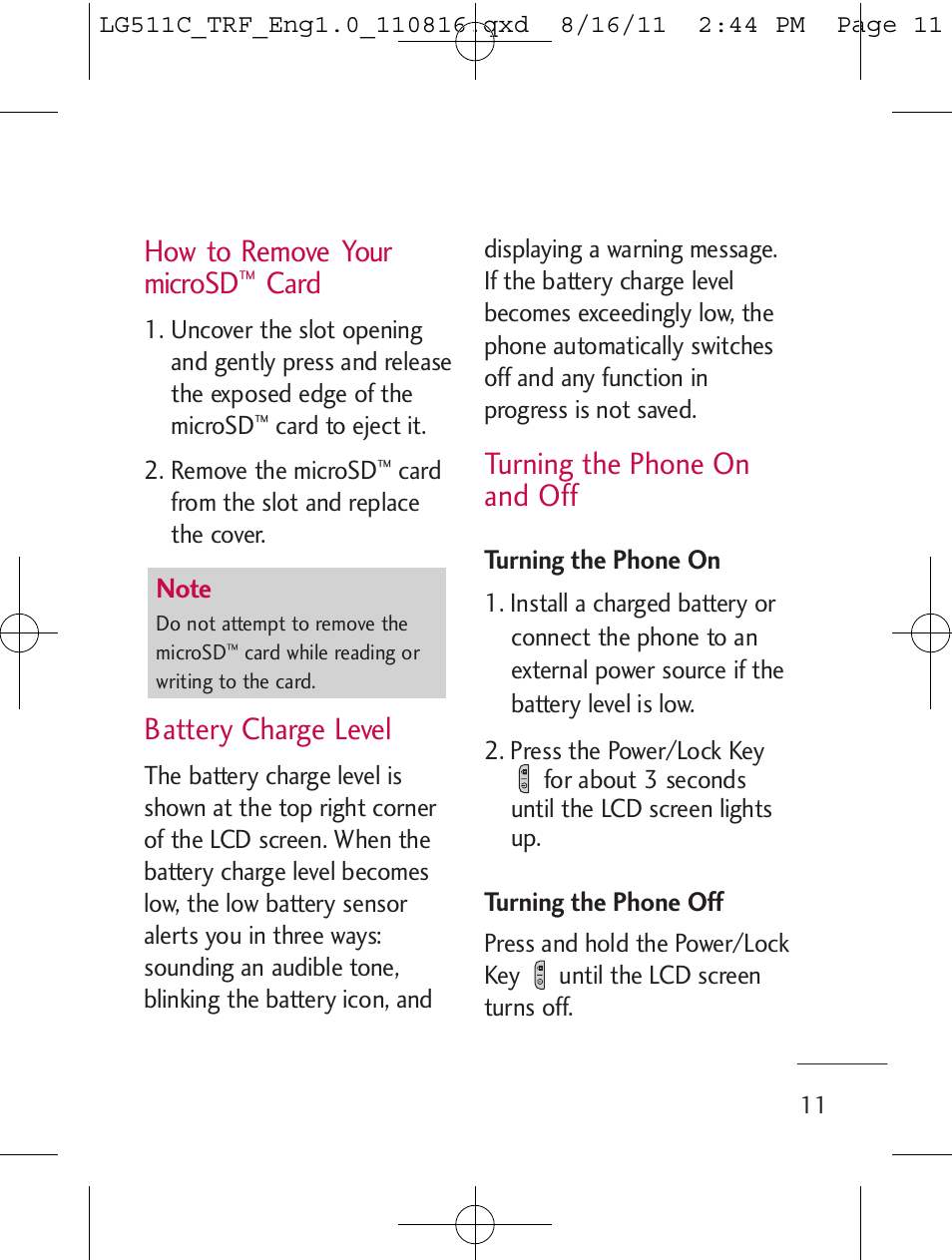 How to remove your microsd, Card, Battery charge level | Turning the phone on and off | LG LG511C User Manual | Page 13 / 240