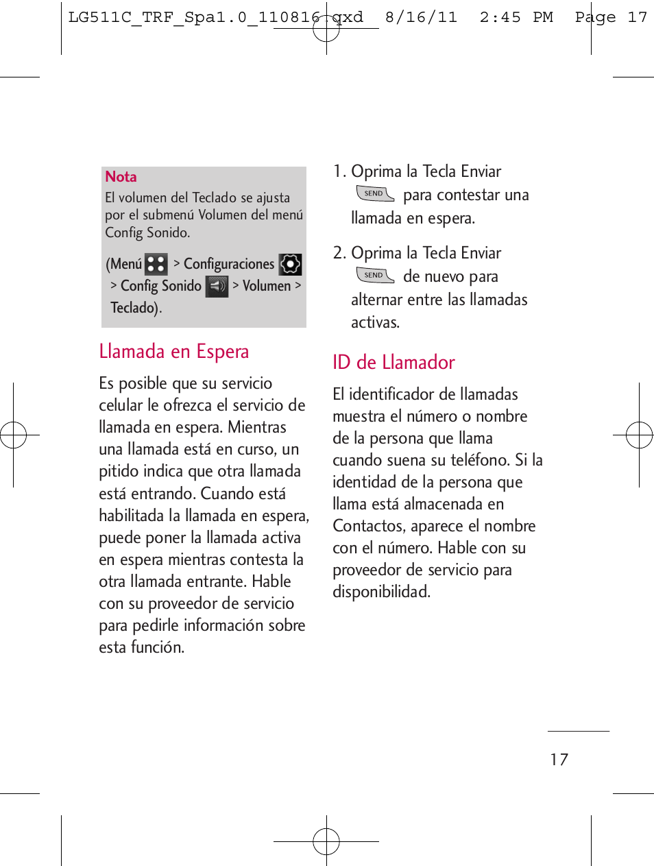 Llamada en espera, Id de llamador | LG LG511C User Manual | Page 131 / 240