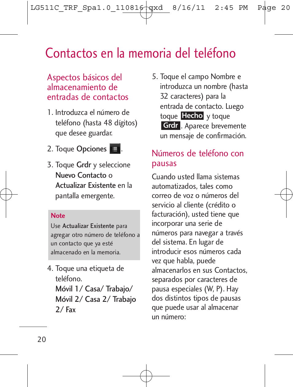 Números de teléfono con pausas | LG LG511C User Manual | Page 134 / 240