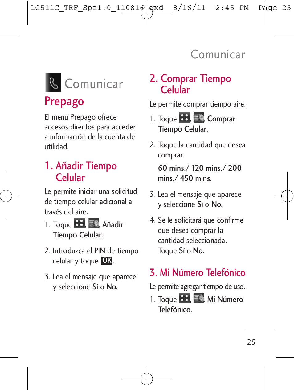 Comunicar, Prepago, Añadir tiempo celular | Comprar tiempo celular, Mi número telefónico | LG LG511C User Manual | Page 139 / 240