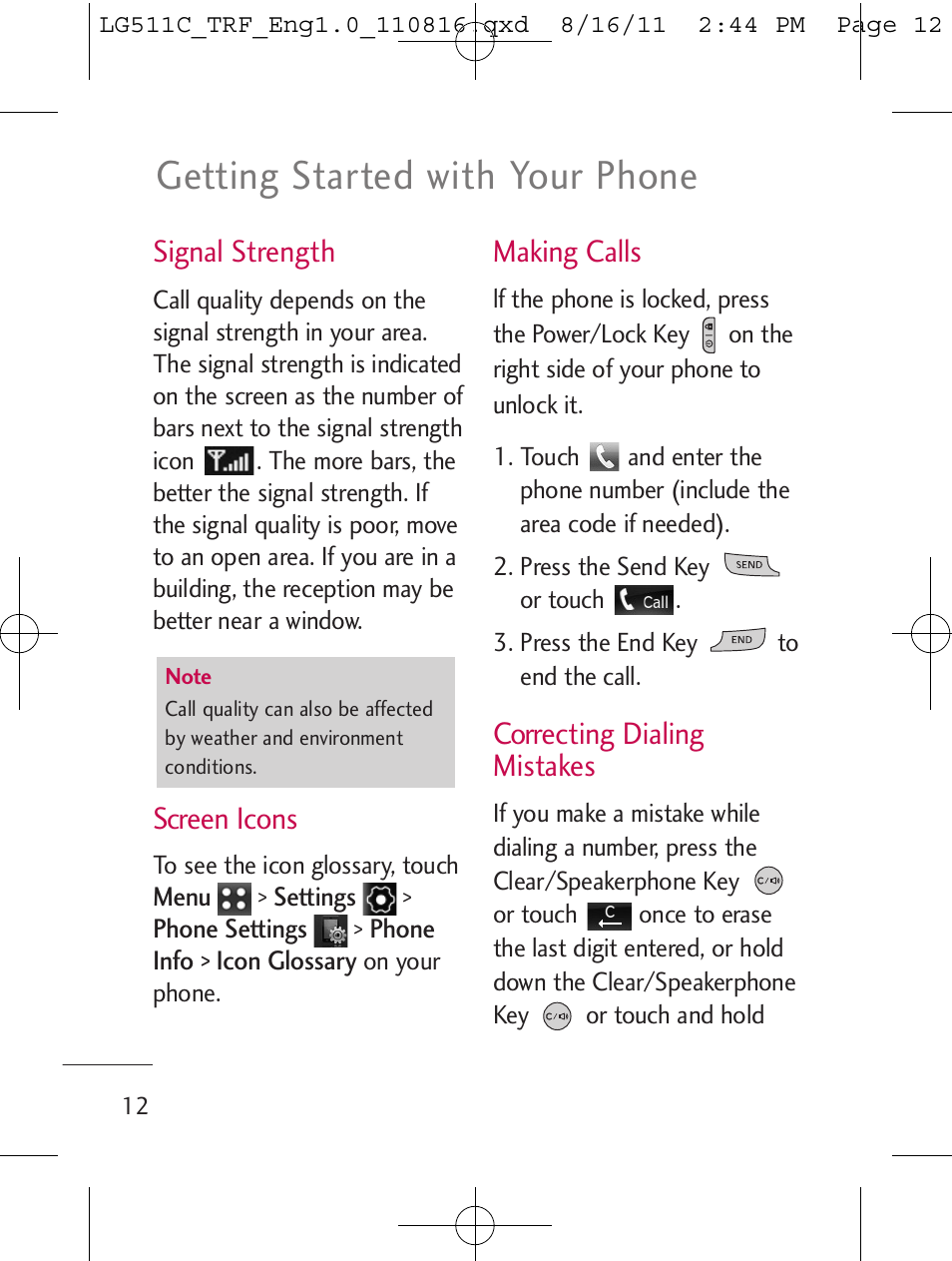 Getting started with your phone, Signal strength, Screen icons | Making calls, Correcting dialing mistakes | LG LG511C User Manual | Page 14 / 240