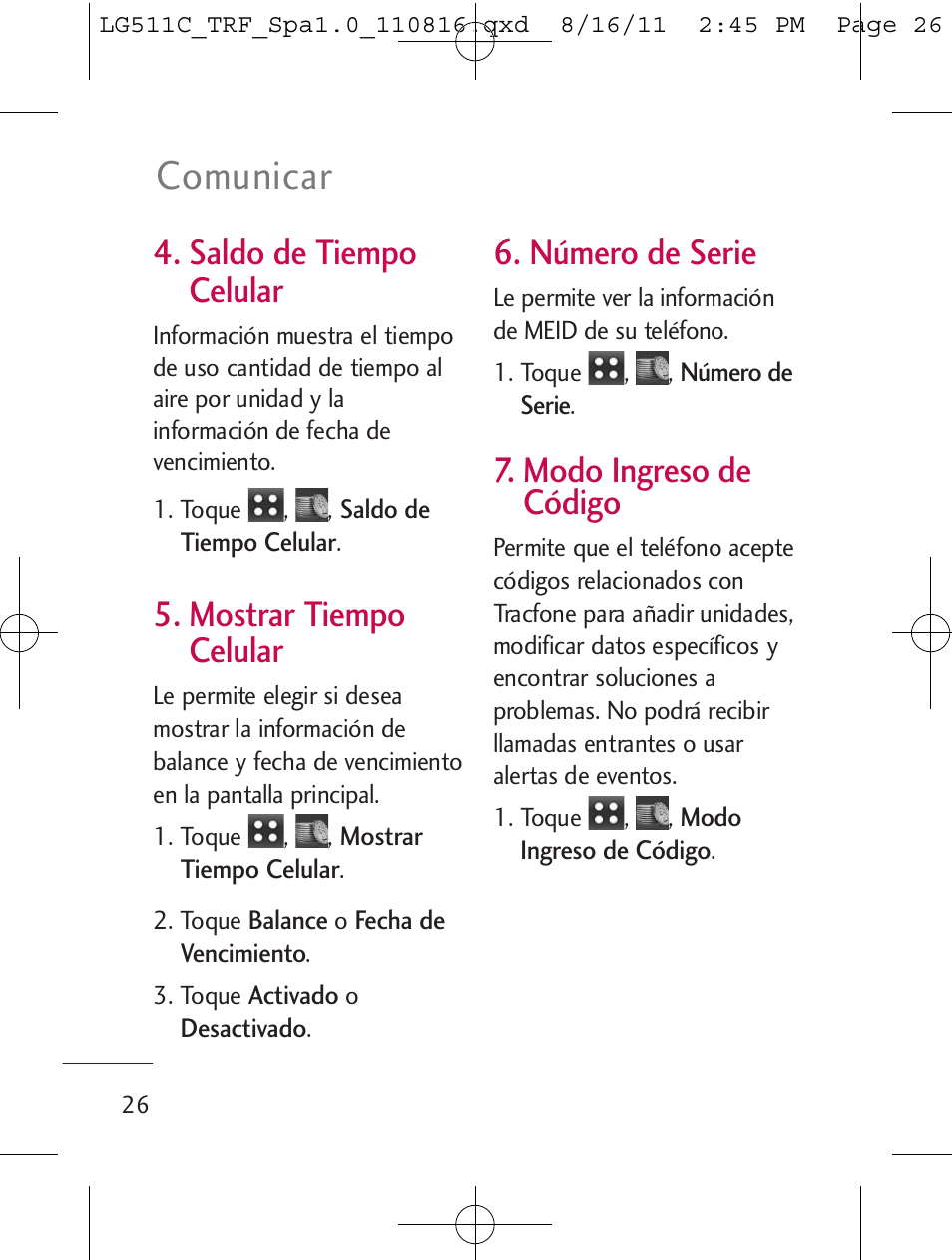 Comunicar, Saldo de tiempo celular, Mostrar tiempo celular | Número de serie, Modo ingreso de código | LG LG511C User Manual | Page 140 / 240