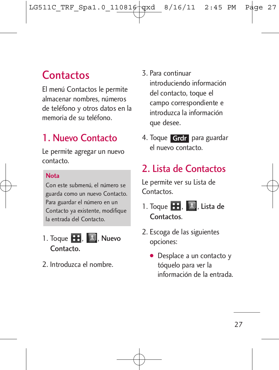 Contactos, Nuevo contacto, Lista de contactos | LG LG511C User Manual | Page 141 / 240