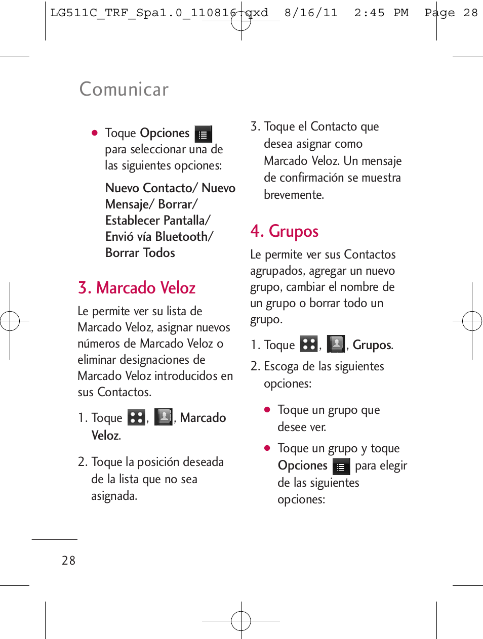 Comunicar, Marcado veloz, Grupos | LG LG511C User Manual | Page 142 / 240