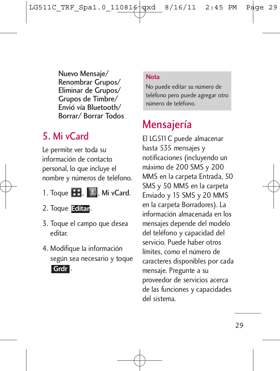 Mensajería, Mi vcard | LG LG511C User Manual | Page 143 / 240