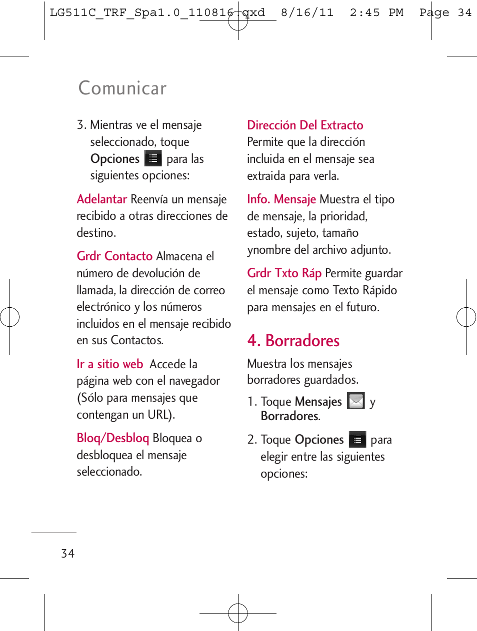 Comunicar, Borradores | LG LG511C User Manual | Page 148 / 240