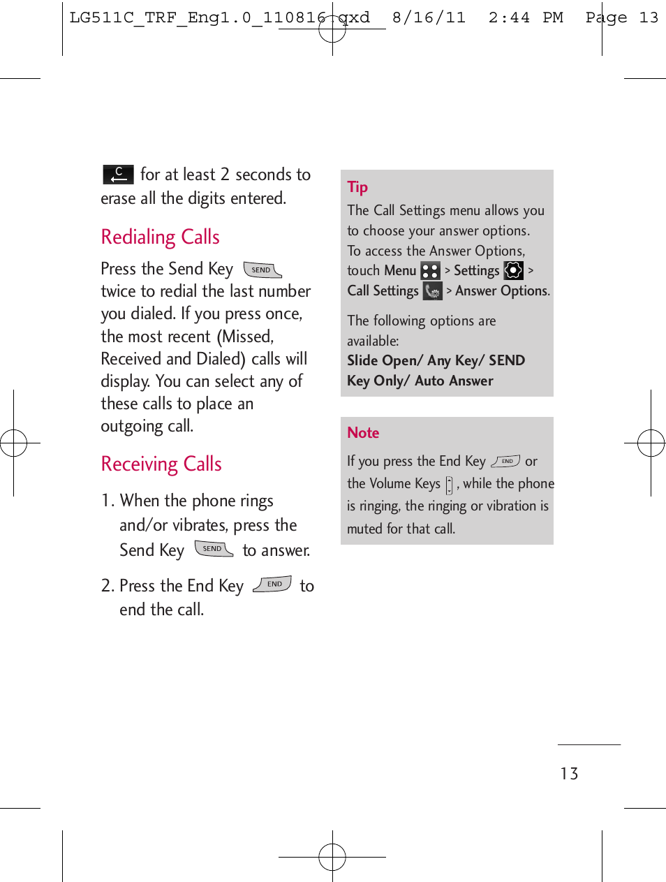 Redialing calls, Receiving calls | LG LG511C User Manual | Page 15 / 240