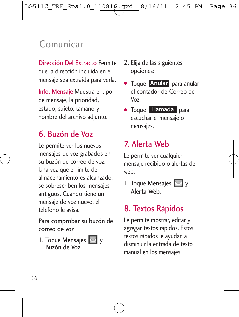 Comunicar, Buzón de voz, Alerta web | Textos rápidos | LG LG511C User Manual | Page 150 / 240