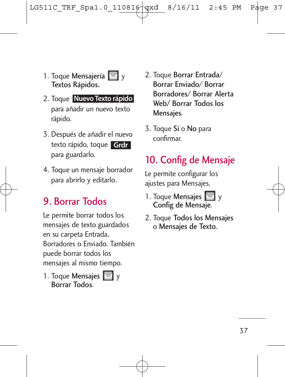 Borrar todos, Config de mensaje | LG LG511C User Manual | Page 151 / 240