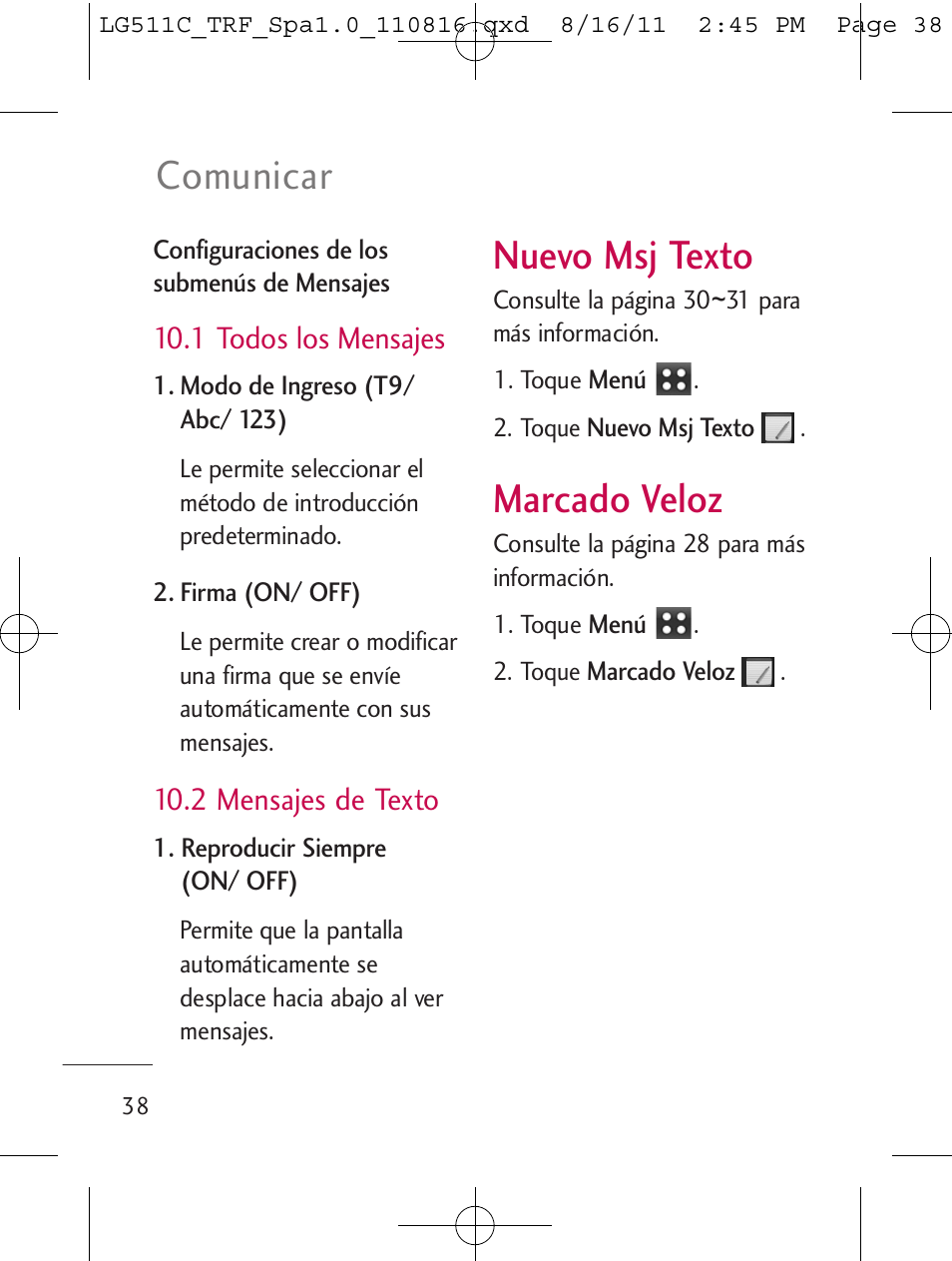 Nuevo msj texto, Marcado veloz, Comunicar | LG LG511C User Manual | Page 152 / 240