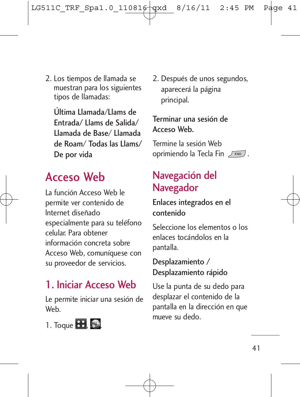 Acceso web, Iniciar acceso web, Navegación del navegador | LG LG511C User Manual | Page 155 / 240