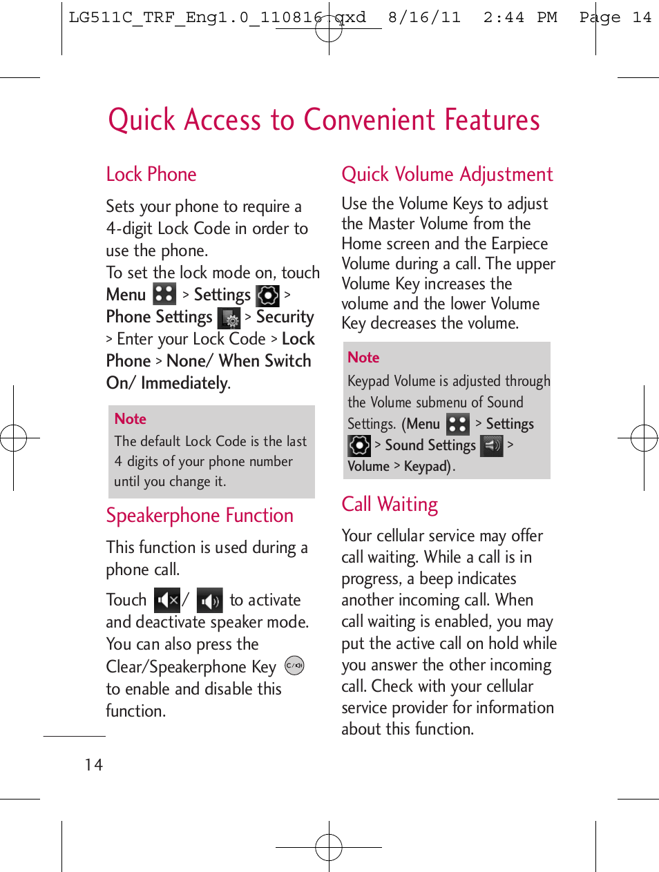 Quick access to convenient features, Lock phone, Speakerphone function | Quick volume adjustment, Call waiting | LG LG511C User Manual | Page 16 / 240
