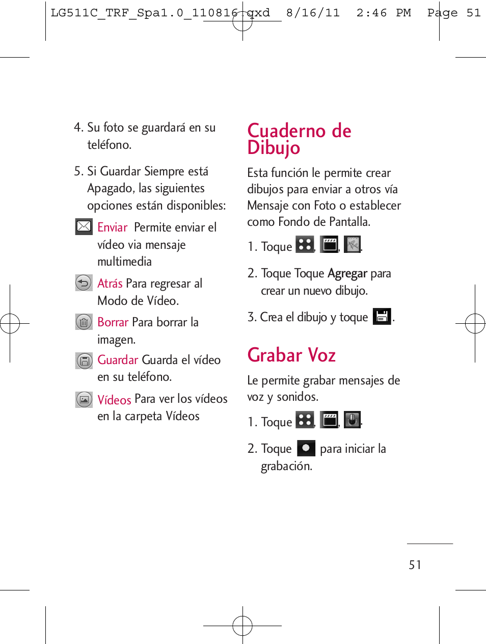 Cuaderno de dibujo, Grabar voz | LG LG511C User Manual | Page 165 / 240