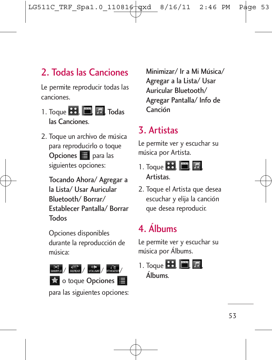 Todas las canciones, Artistas, Álbums | LG LG511C User Manual | Page 167 / 240