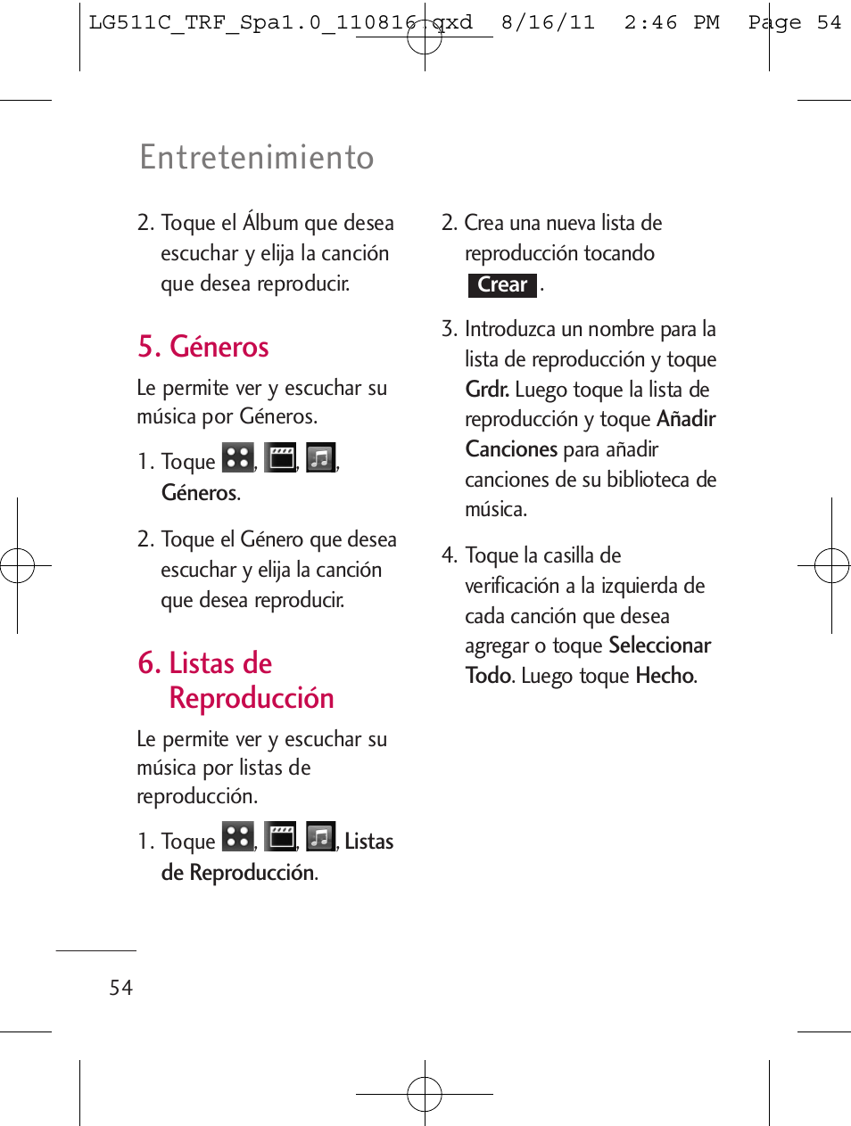 Entretenimiento, Géneros, Listas de reproducción | LG LG511C User Manual | Page 168 / 240