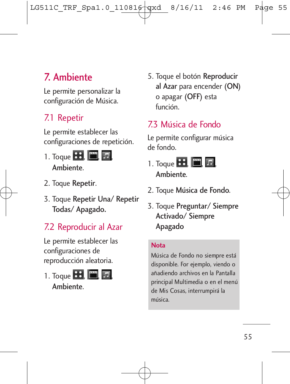 Ambiente, 1 repetir, 2 reproducir al azar | 3 música de fondo | LG LG511C User Manual | Page 169 / 240