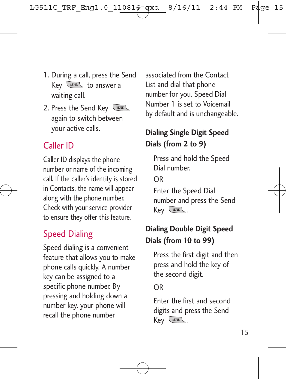 Caller id, Speed dialing | LG LG511C User Manual | Page 17 / 240
