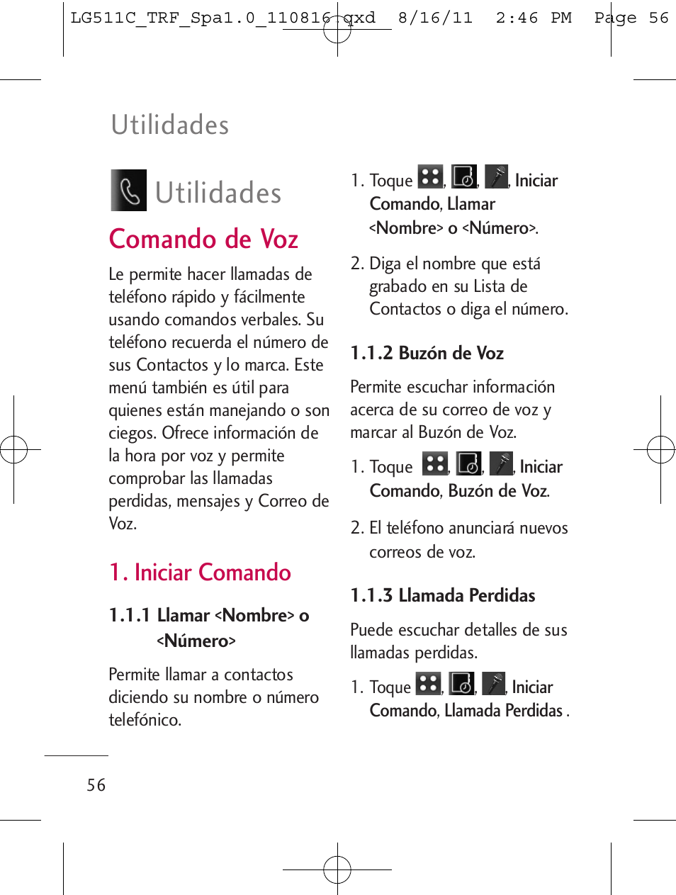 Utilidades, Comando de voz, Iniciar comando | LG LG511C User Manual | Page 170 / 240