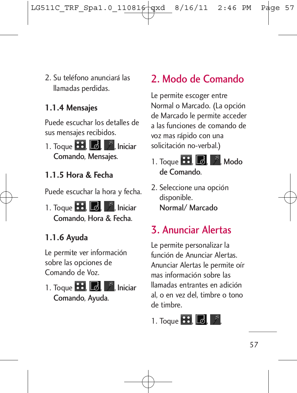 Modo de comando, Anunciar alertas | LG LG511C User Manual | Page 171 / 240