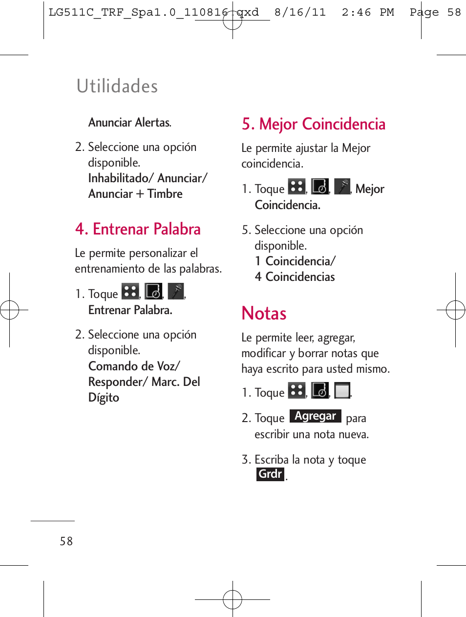 Notas, Utilidades, Entrenar palabra | Mejor coincidencia | LG LG511C User Manual | Page 172 / 240