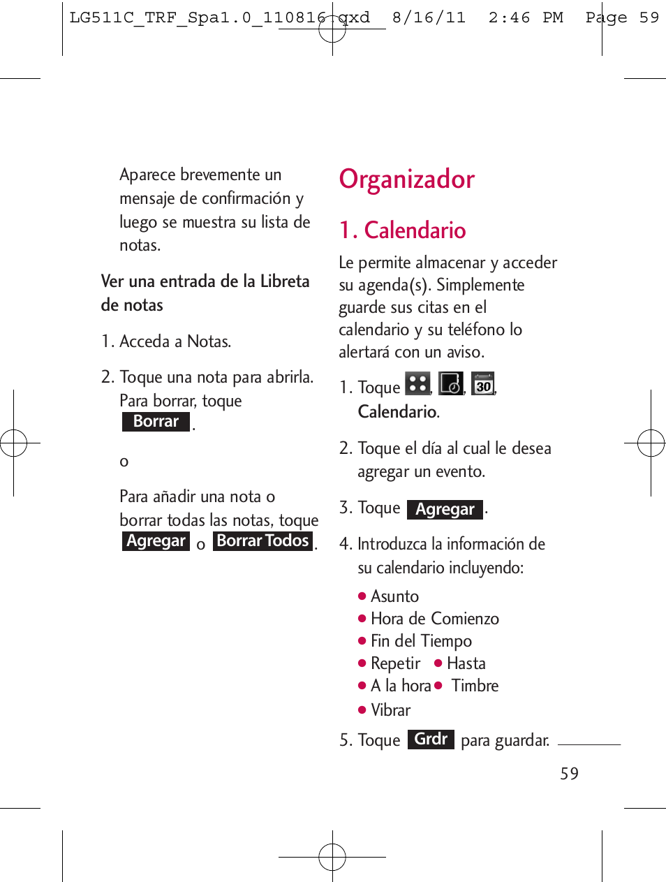 Organizador, Calendario | LG LG511C User Manual | Page 173 / 240