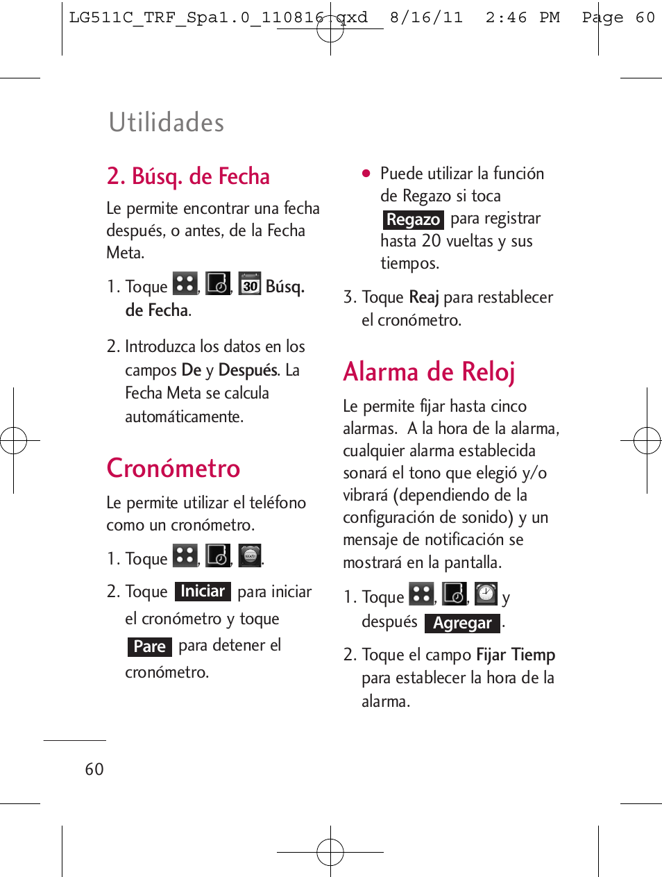 Cronómetro, Alarma de reloj, Utilidades | Búsq. de fecha | LG LG511C User Manual | Page 174 / 240