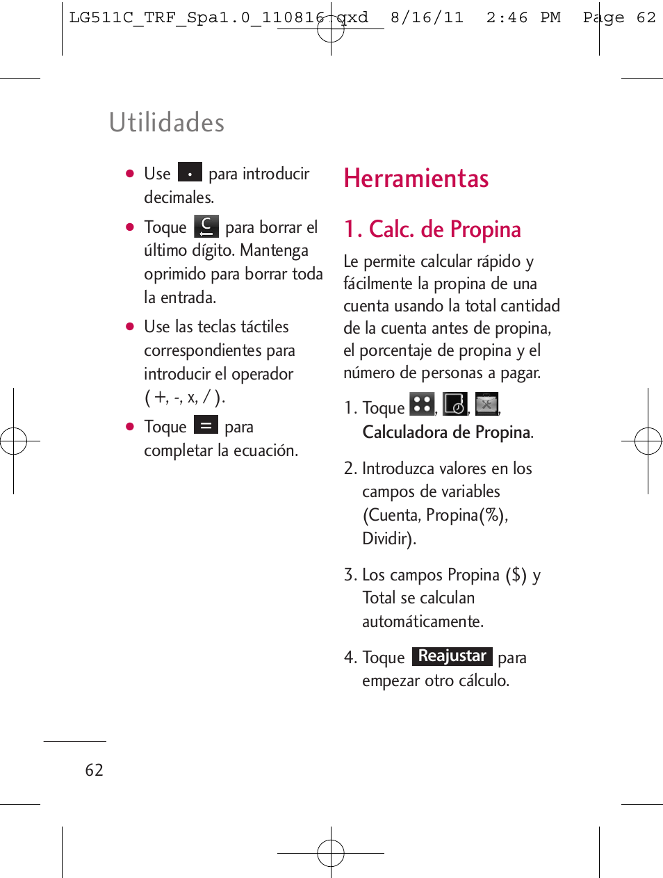 Herramientas, Utilidades, Calc. de propina | LG LG511C User Manual | Page 176 / 240