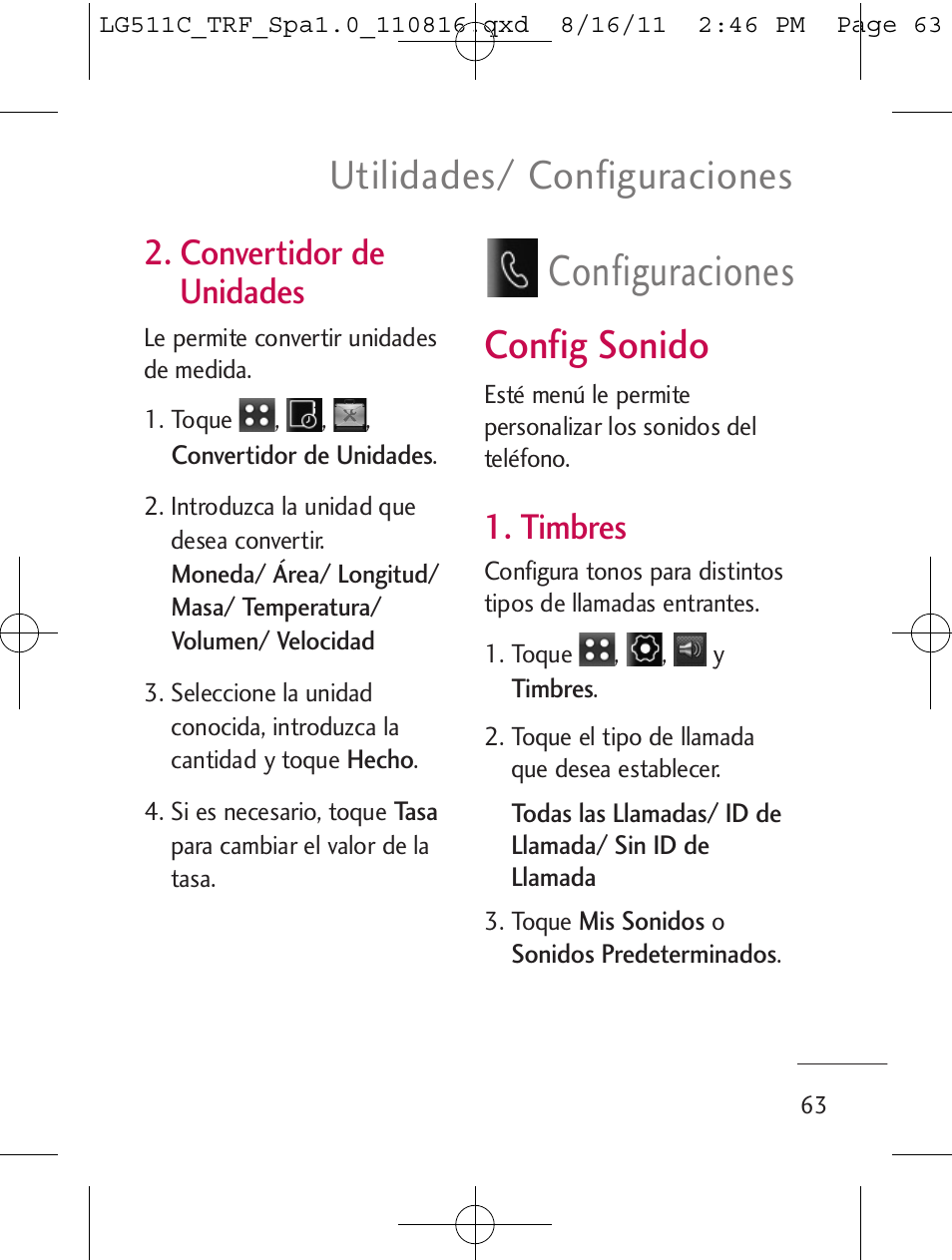 Configuraciones, Utilidades/ configuraciones, Config sonido | Convertidor de unidades, Timbres | LG LG511C User Manual | Page 177 / 240