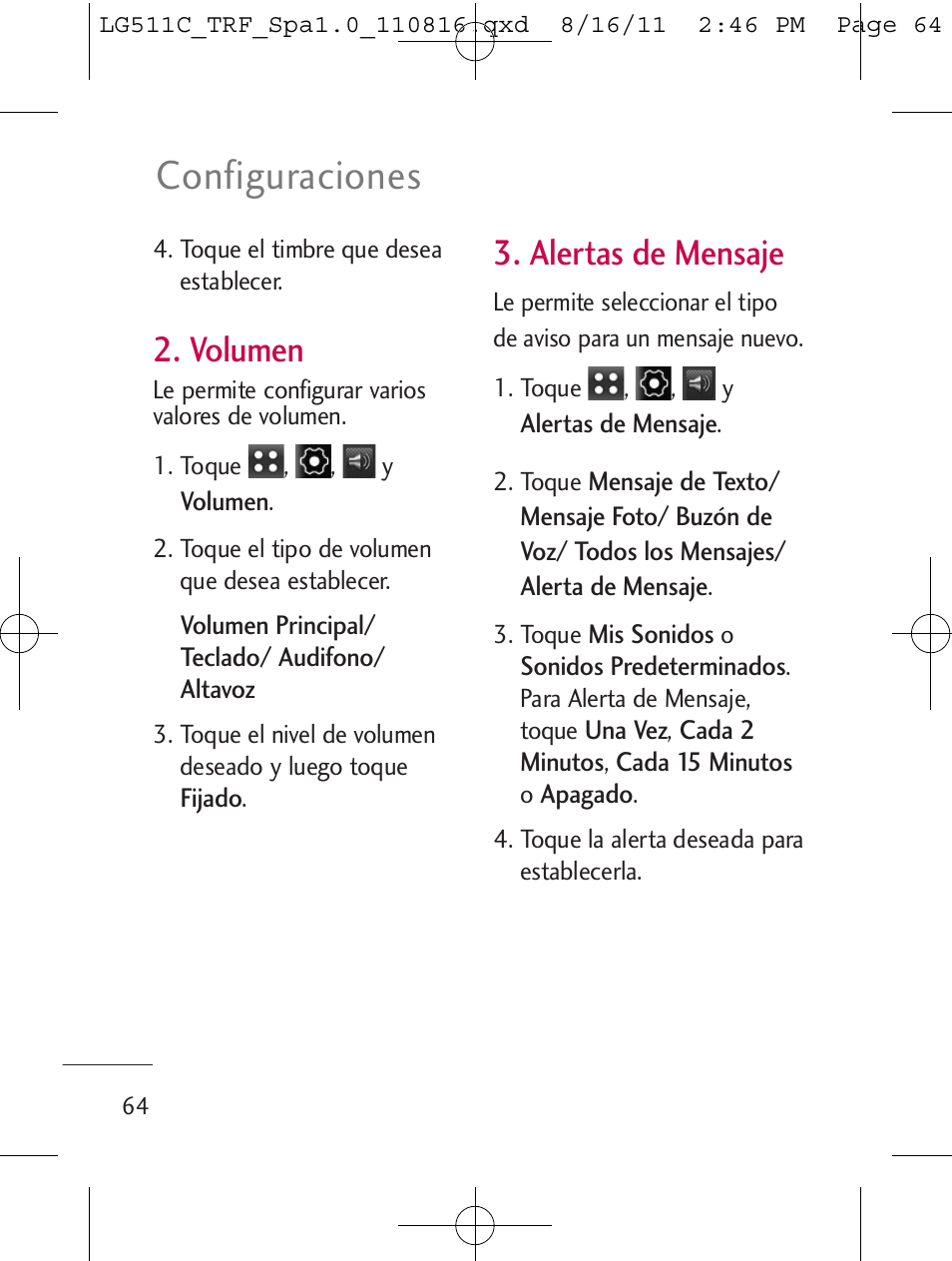 Configuraciones, Volumen, Alertas de mensaje | LG LG511C User Manual | Page 178 / 240