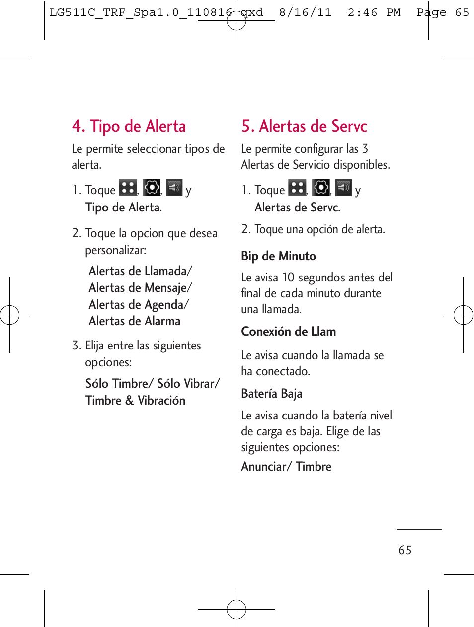 Tipo de alerta, Alertas de servc | LG LG511C User Manual | Page 179 / 240