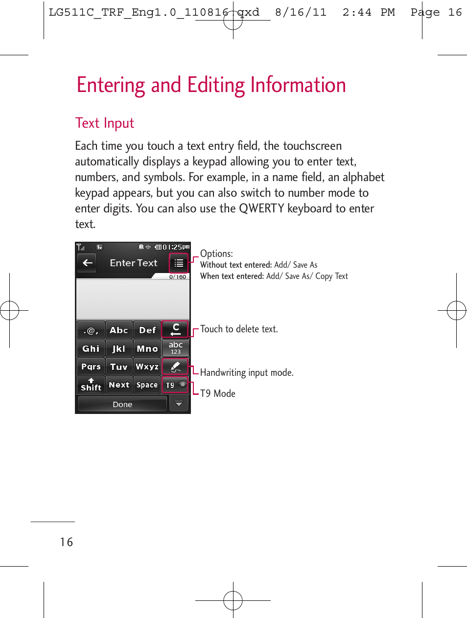 Entering and editing information, Text input | LG LG511C User Manual | Page 18 / 240