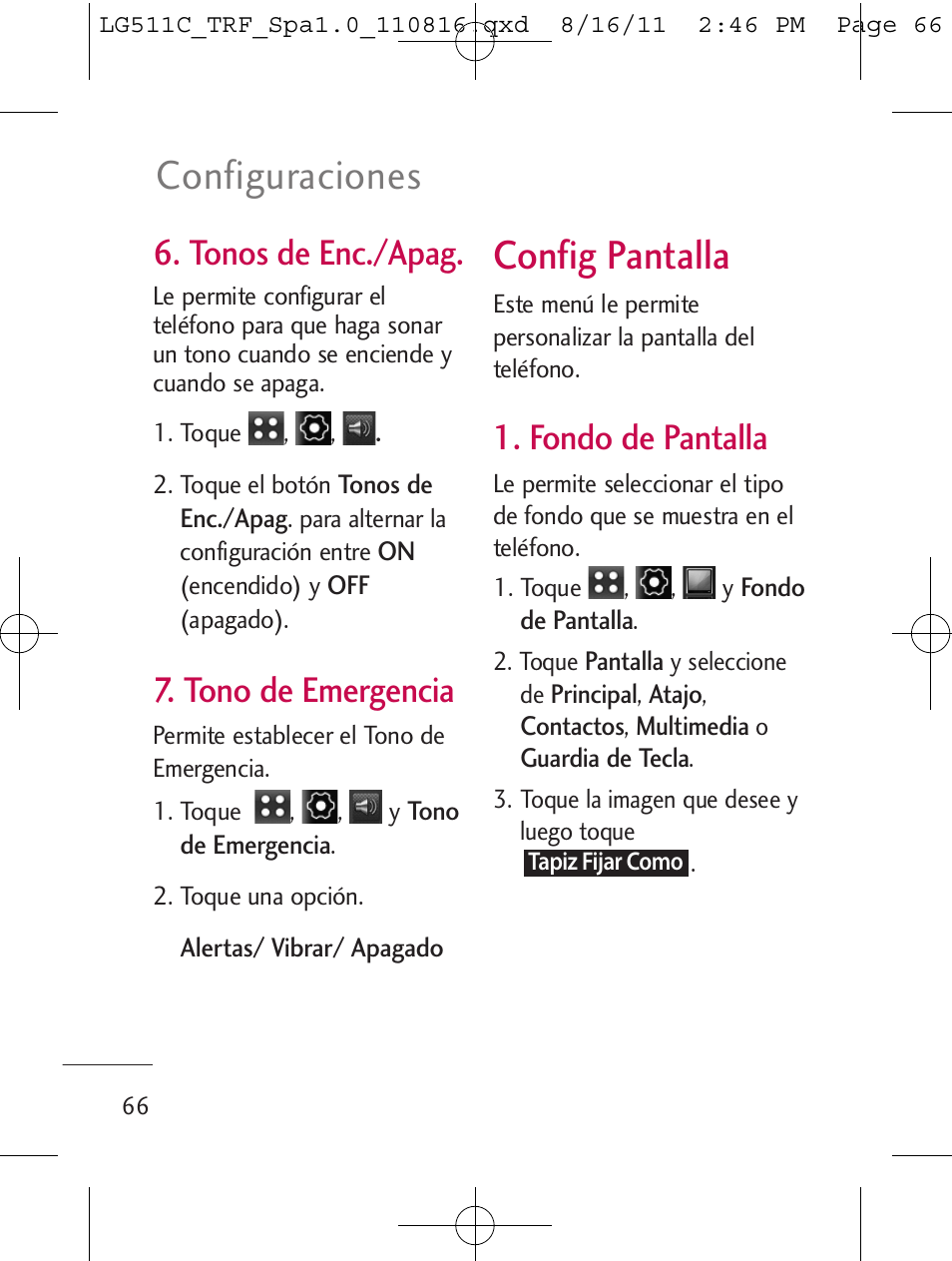 Config pantalla, Configuraciones, Tonos de enc./apag | Tono de emergencia, Fondo de pantalla | LG LG511C User Manual | Page 180 / 240